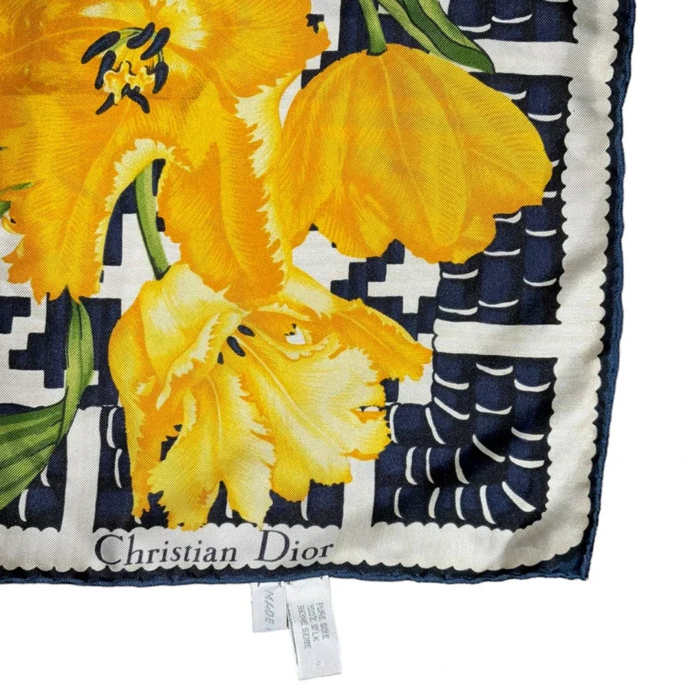 Christian Dior Vintage Flower Print Silk Scarf Yellow Black White.